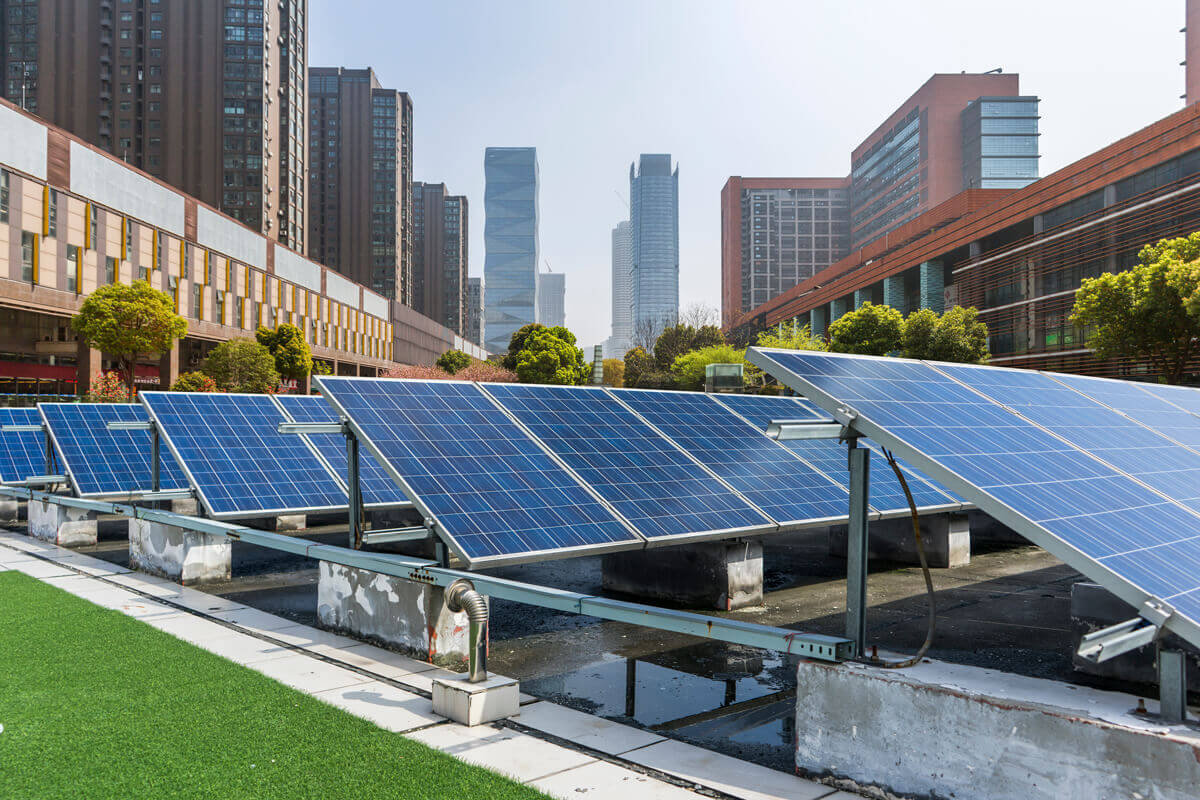 An image of solar panels in a city